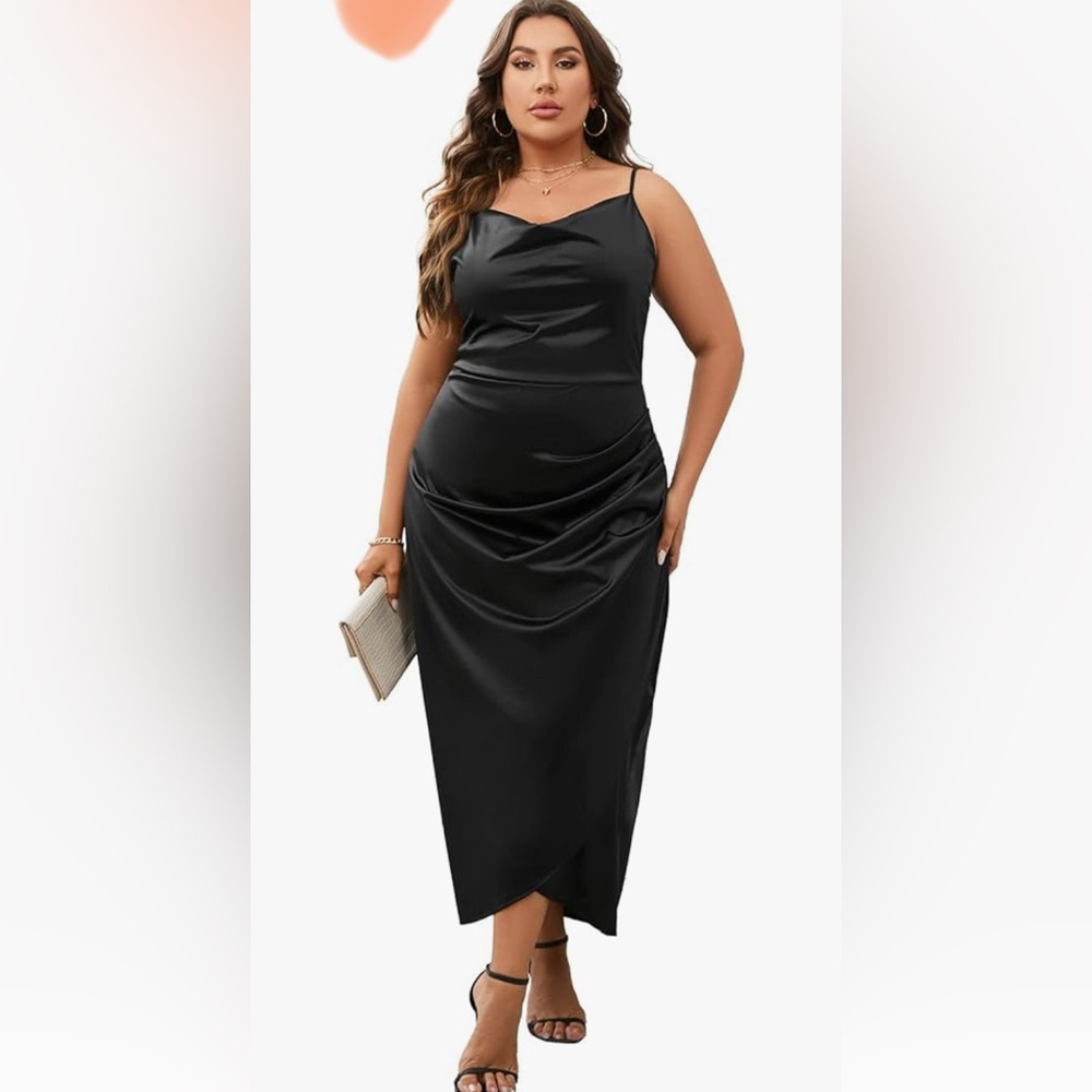 Elegant Black Satin Cami Dress w Cowl Neck and Faux Wrap Style